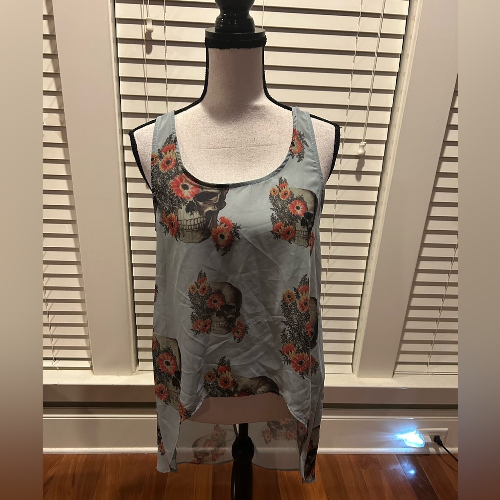Love Culture Light Blue Floral Skull Tank Top